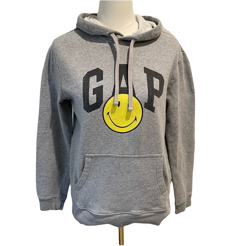 GAP Smiley Hoodie Adult Size Small Gray with Yellow Smiley Oversized